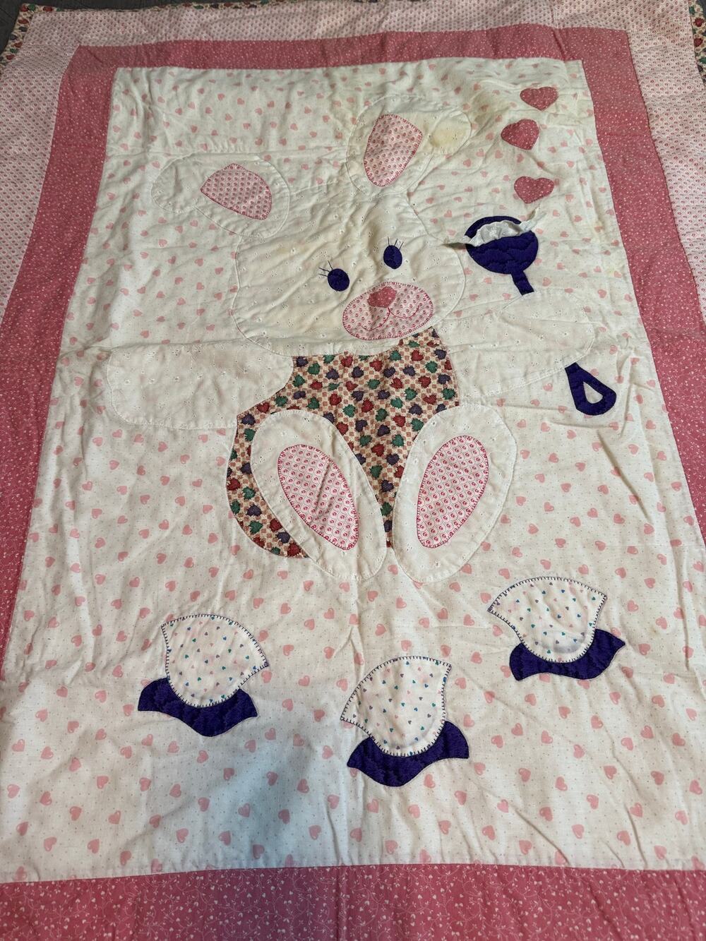 90s VTG Handmade Hunny Bunny Rabbit Baby Quilt Crib Blanket Pink & White Hearts
